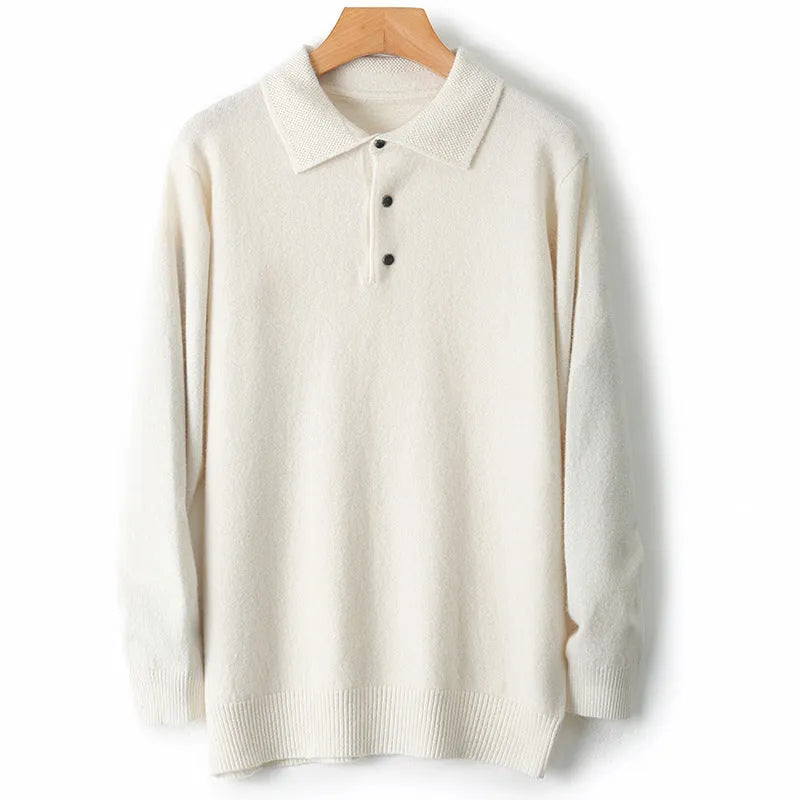 Men's woolen pullover sweater with a polo collar, shown in one of seven available colours.