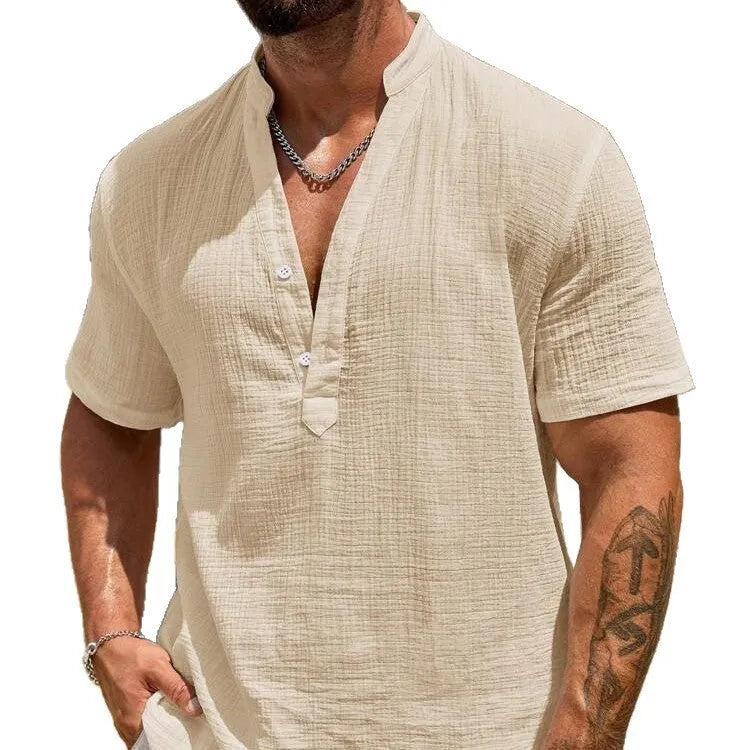 Men's solid colour stand collar short-sleeved shirt in a breathable polyester blend fabric.