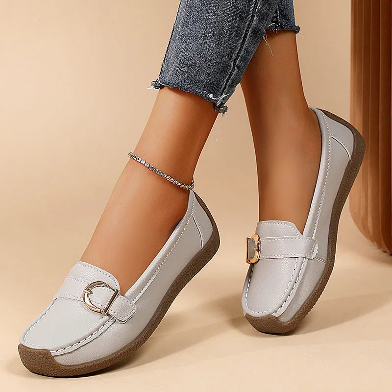 Women's casual loafers in artificial PU with beef tendon sole, round toe, and elasticated oversleeve in five colour options