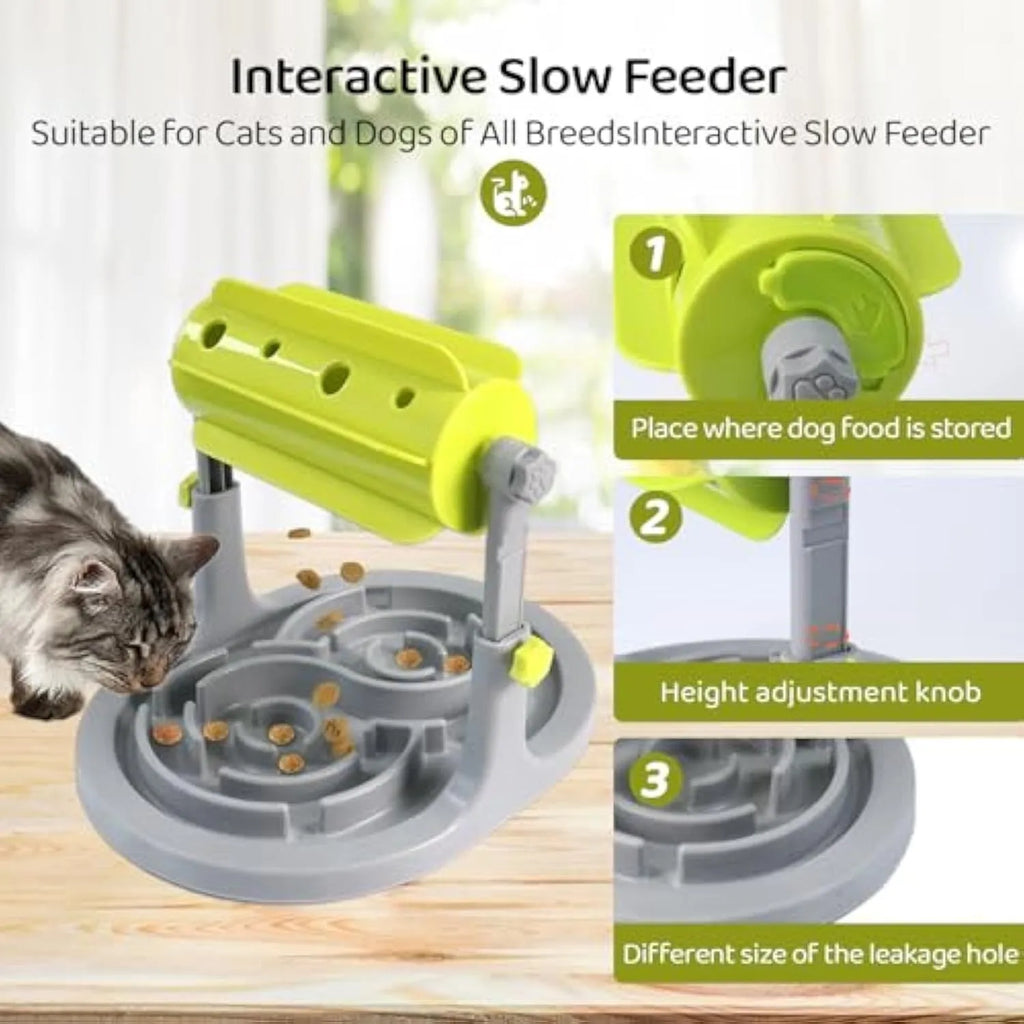 Interactive pet puzzle feeder with adjustable height and coloured plastic construction
