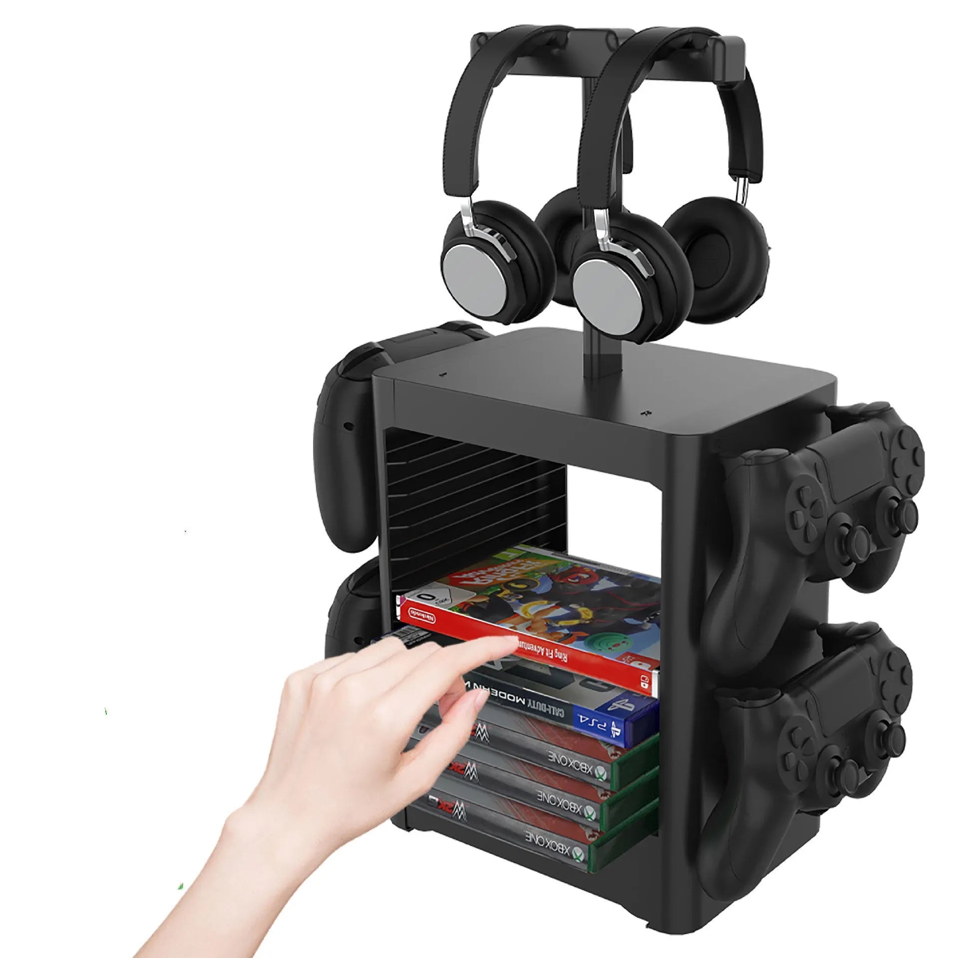 Black gaming console CD storage rack with headphone top, side controller hooks, and bottom accessory drawer