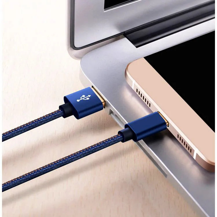 USB Type-C charging cable with blue denim fabric sleeve and aluminium connector.