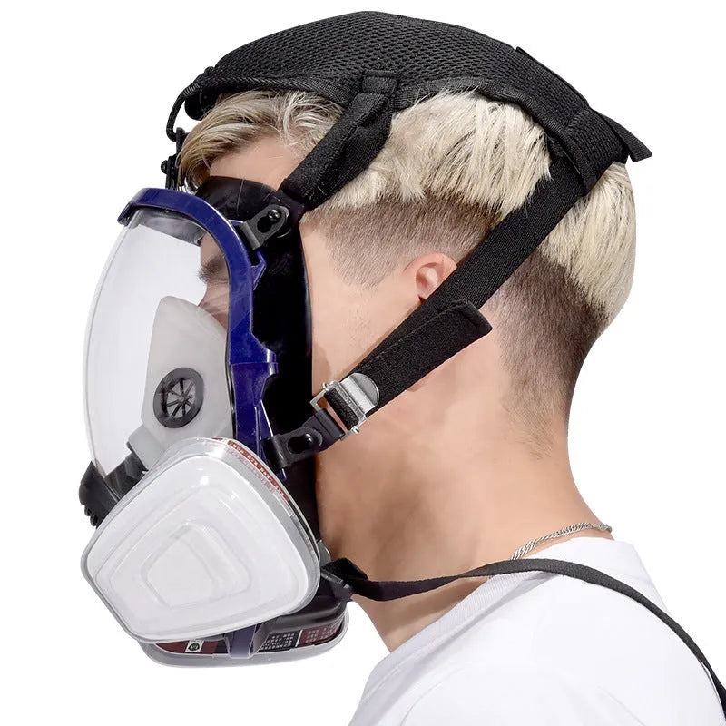 Blue edge spherical full-face gas mask with trapezoidal canister and KN95 protection