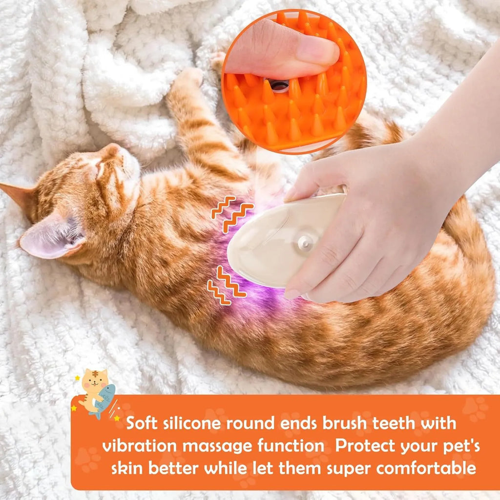 Yellow USB rechargeable 4-in-1 cat steam brush with soft silicone teeth, water tank, and ringworm detector lamp.