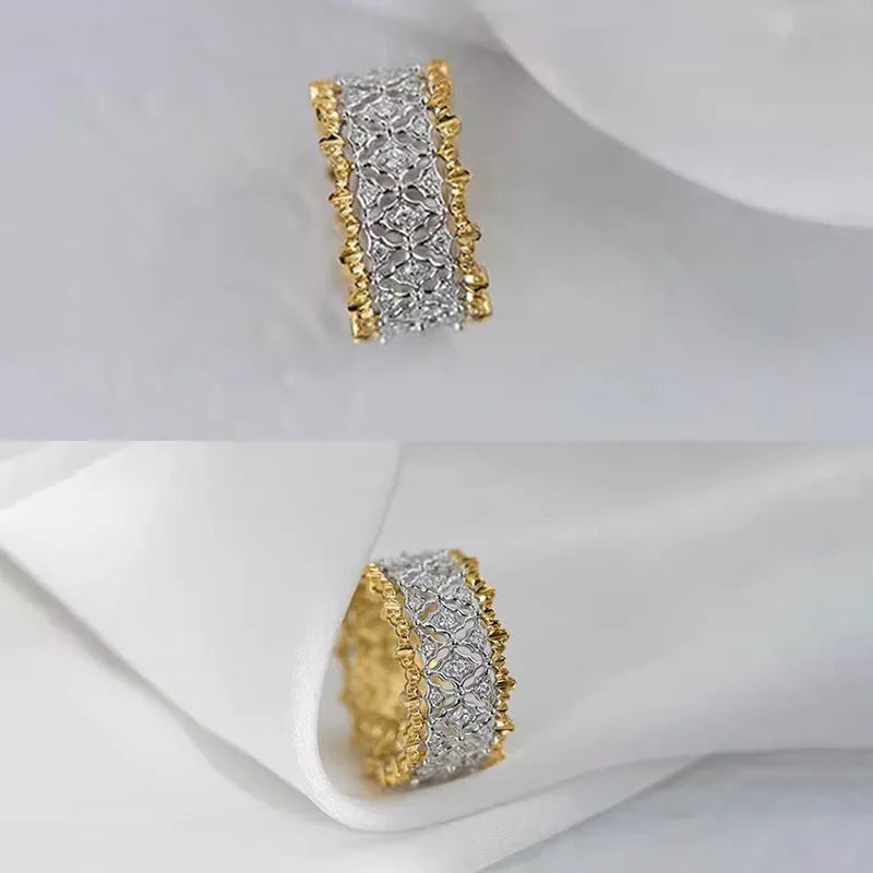 Gold geometric women's copper ring with two-tone electroplated finish and round decorative elements.