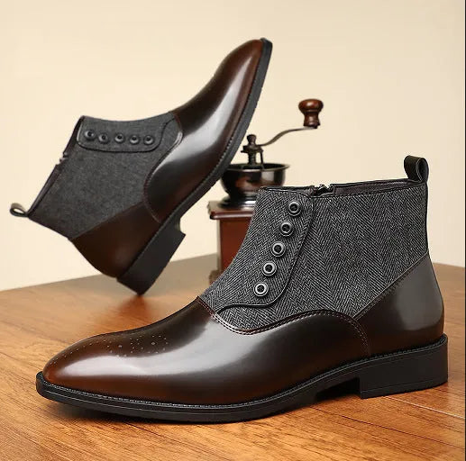 Men's brown retro business shoes with square toe and side zipper