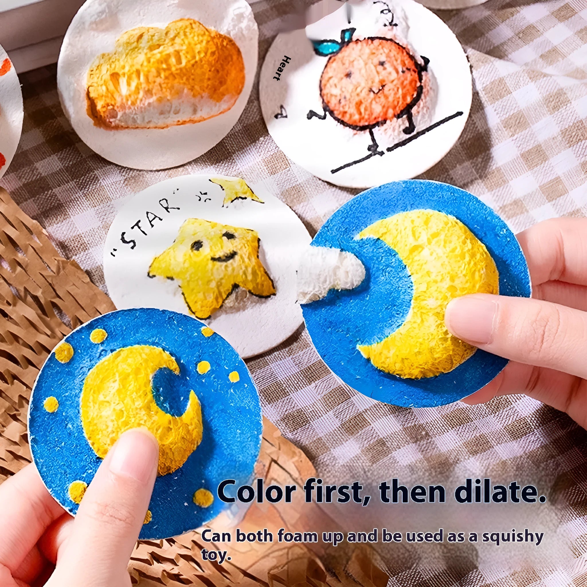 Cartoon wood pulp paper painting set with cellulose sponge, heart, round and square paper shapes, and six fountain pens