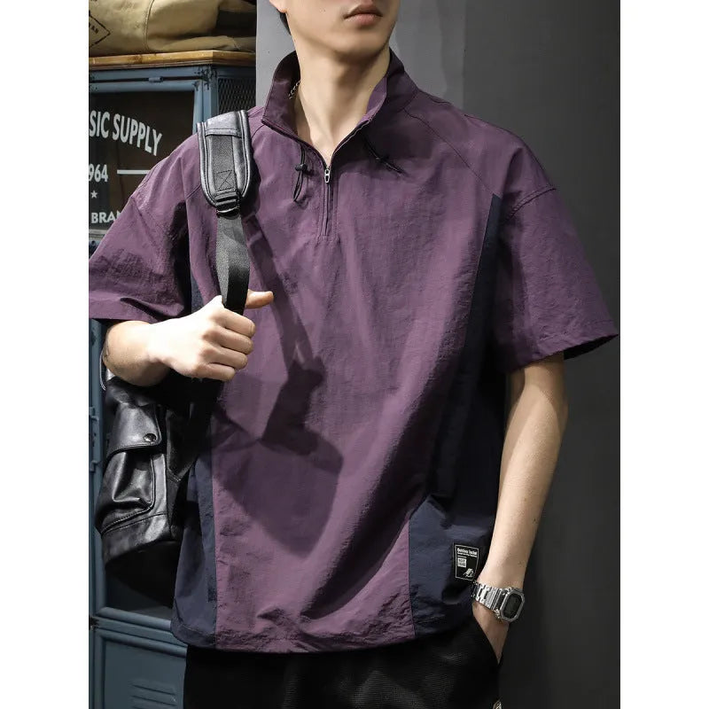 Men's brown half-zip stand collar business shirt with short sleeves and loose fit for summer wear