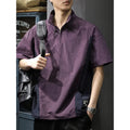 Men's brown half-zip stand collar business shirt with short sleeves and loose fit for summer wear