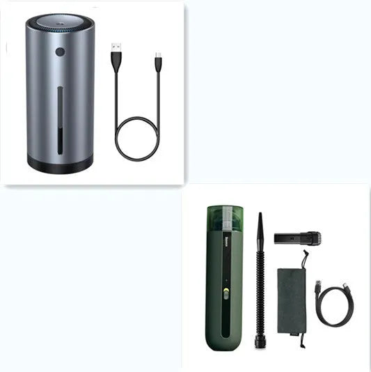 Wireless handheld car vacuum cleaner in black, white, or green with blowing hose attachment.