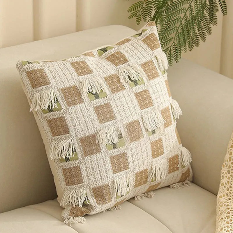 45cm square jacquard cushion cover with retro plant and flower pattern in various colours.