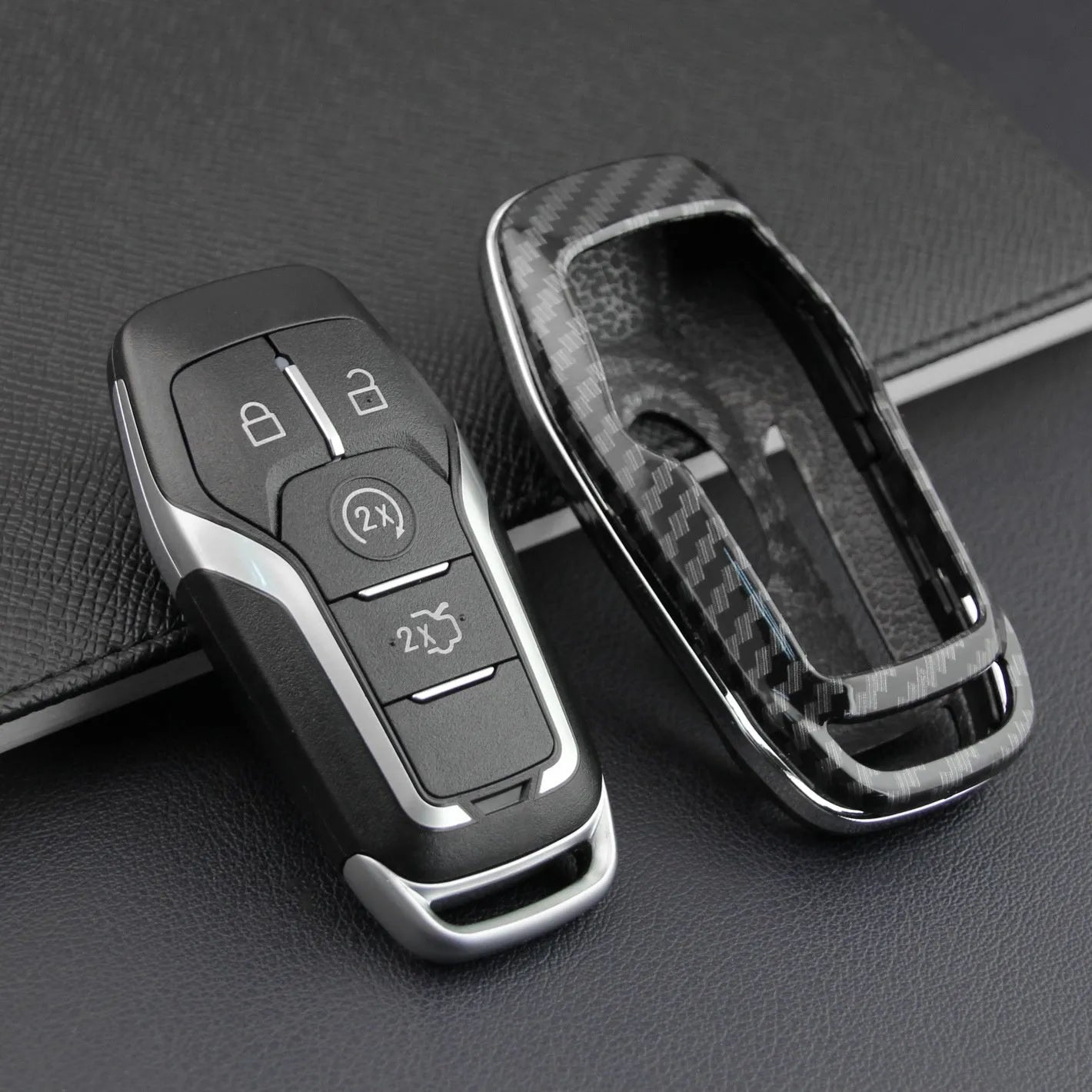Transparent plastic protective shell for car key remote control showing key through clear material