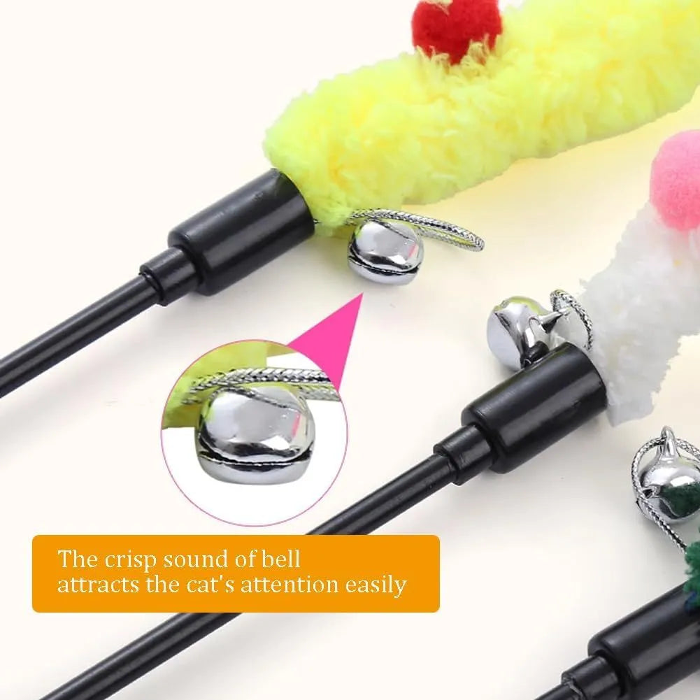 Blue interactive cat wand toy with a long plush strip and a fluffy ball with bells.