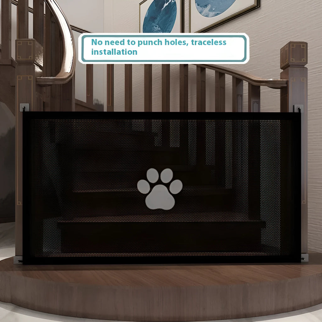 Portable folding dog safety barrier net with plastic rods in pet doorsill colours