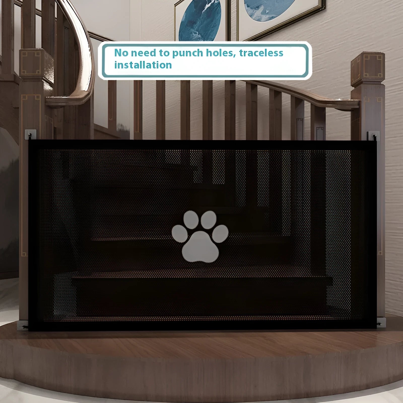 Portable folding dog safety barrier net with plastic rods in pet doorsill colours