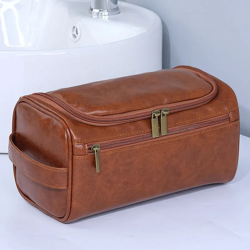 Large waterproof cosmetic storage bag in brown PU leather with a retro style design.