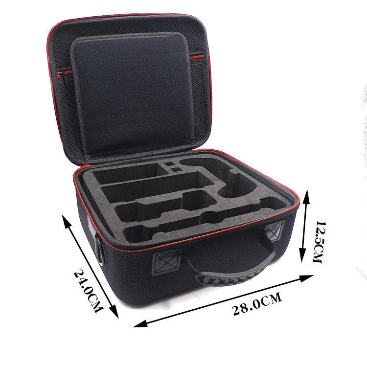 Black EVA hard-shell game console accessory storage bag shown with controllers and cables inside.