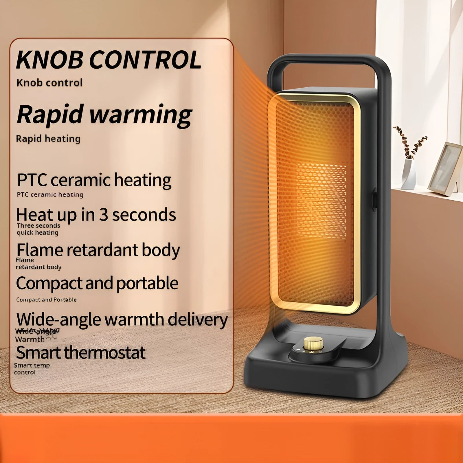 Black vertical desktop PTC ceramic heater with control knob and air vents