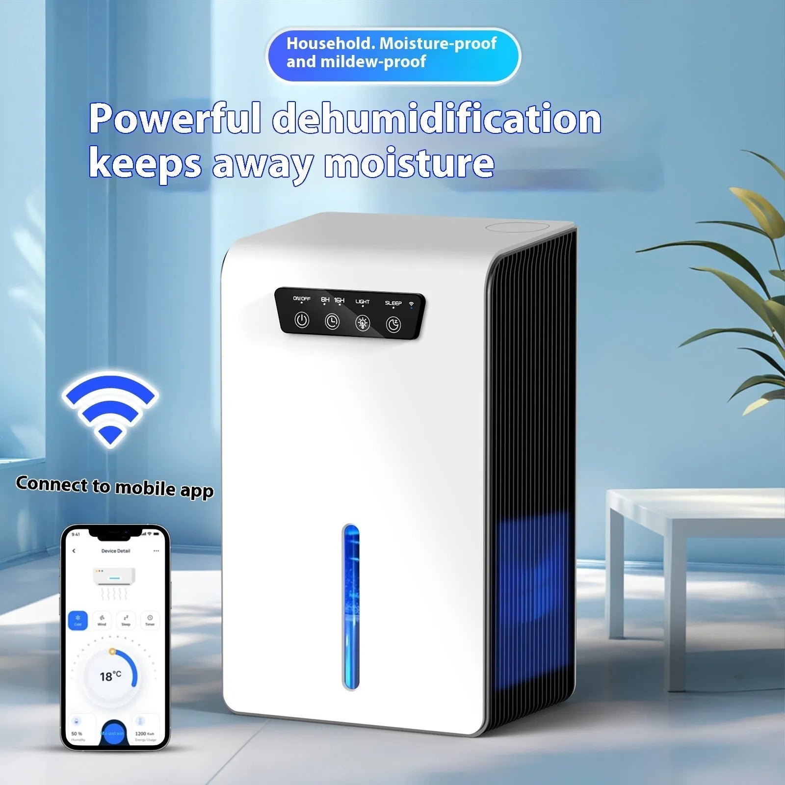 Milky white household dehumidifier unit on a floor, suitable for 10-20 square metre rooms.
