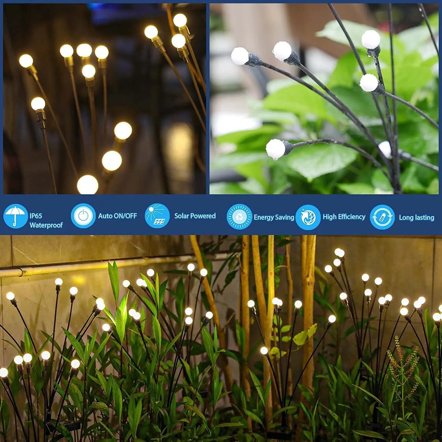Solar-powered LED firefly ground lamp with multiple light heads for garden pathway illumination