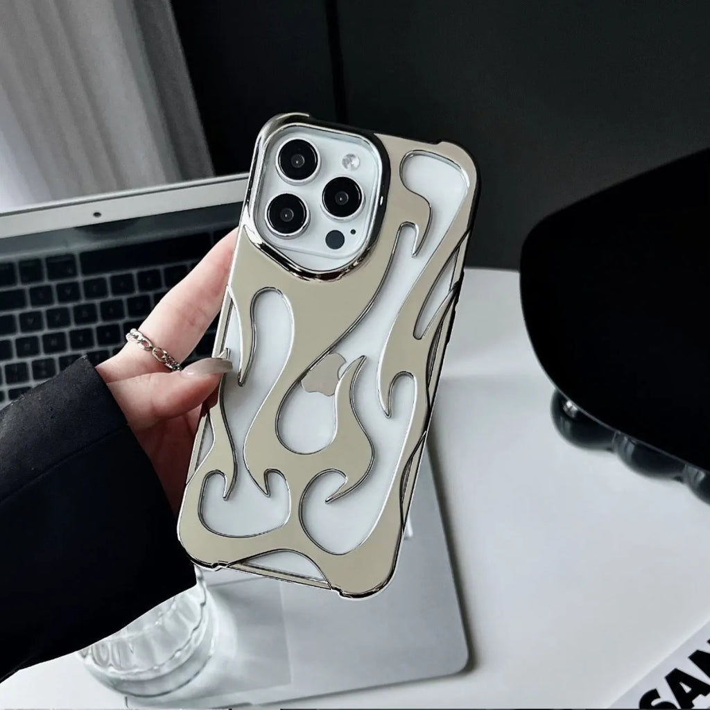 Electroplated hollow flame pattern soft TPU phone case for Apple iPhone in silver finish.