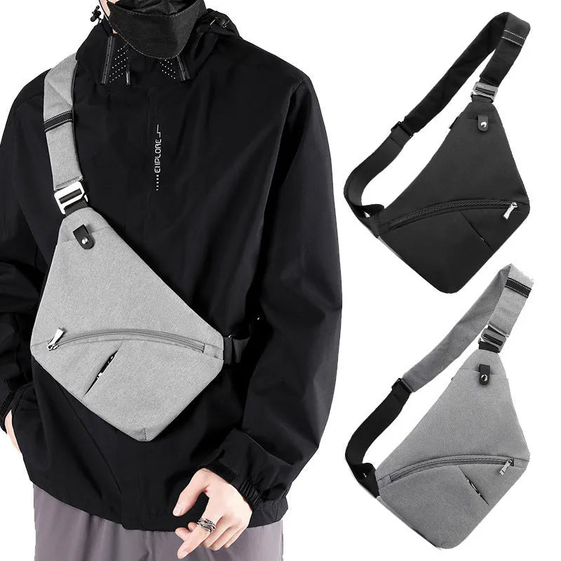 Men's oxford cloth chest bag in grey colour with left shoulder configuration