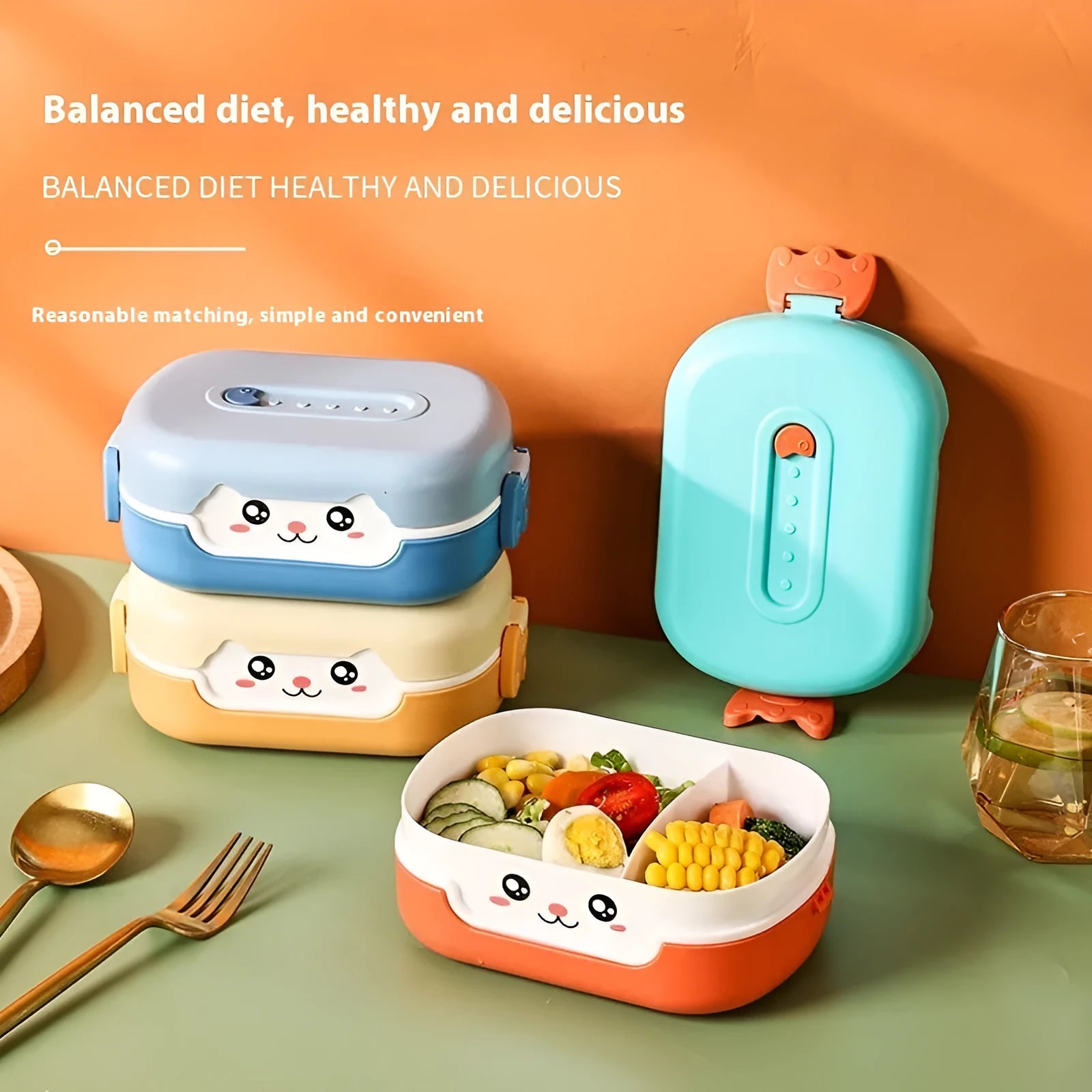 Square plastic lunch box with divided compartments, shown in dark blue, orange yellow, and pink and green colours.