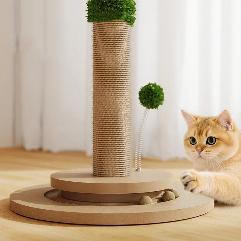 Vertical cat climbing frame with natural hemp rope scratching surface on a canna-coloured column.