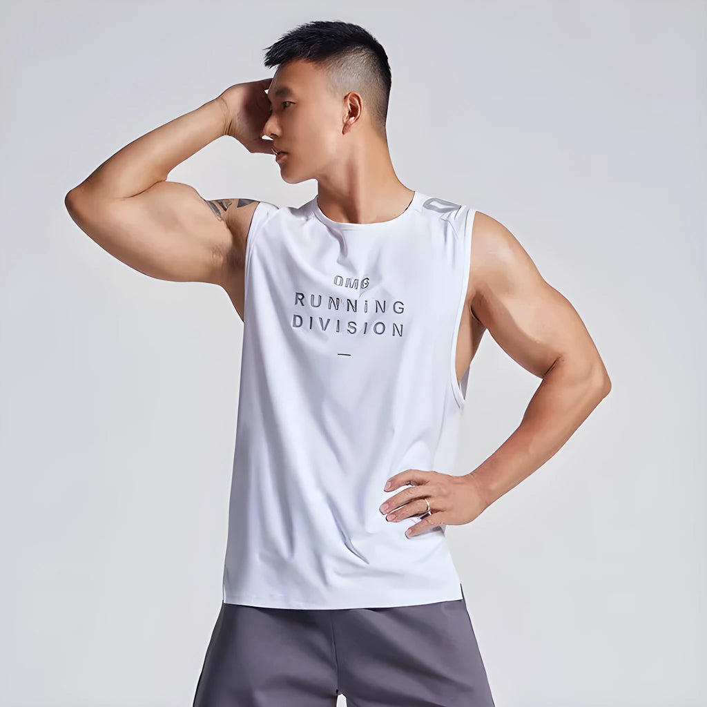 Men's mesh sports vest in black colour showing front and back views