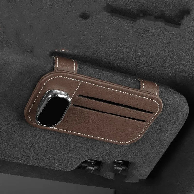 Cowhide leather automotive sun visor card holder with glasses clip in various colours.