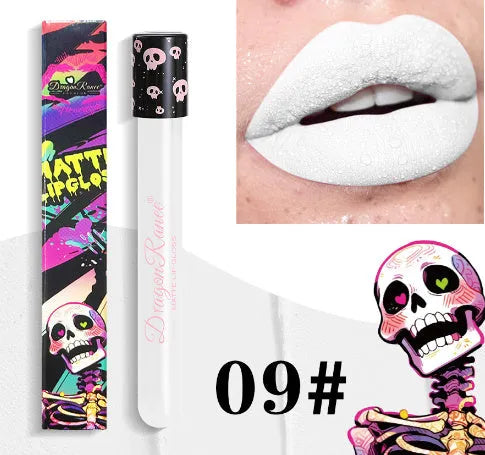 Halloween skull test tube containing matte gold or silver lip gloss for creative makeup.
