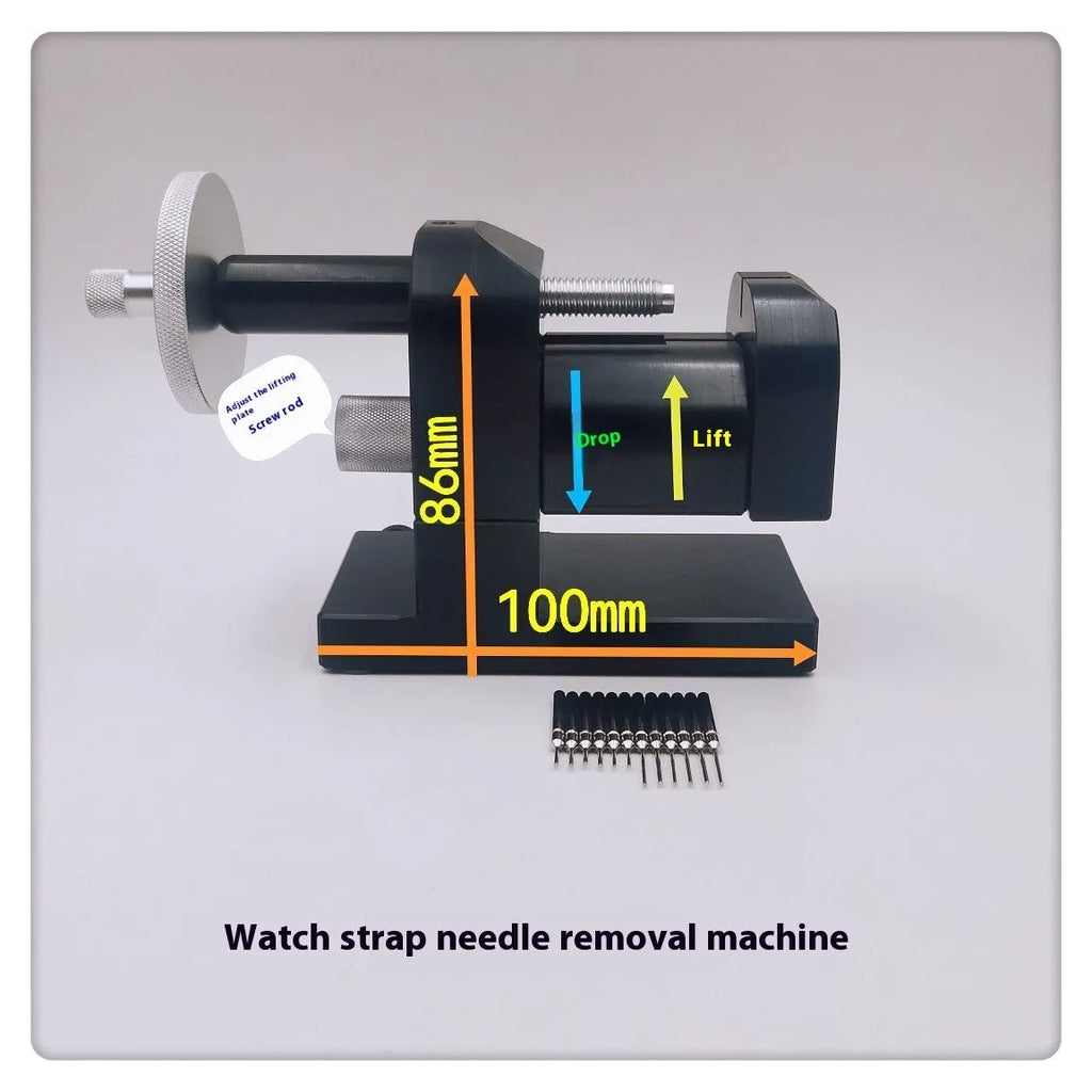 Alloy steel watch strap stripping machine tool on a workbench for watch repair.