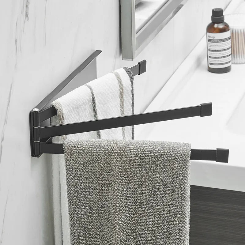 Black folding towel bar with adhesive installation for bathroom