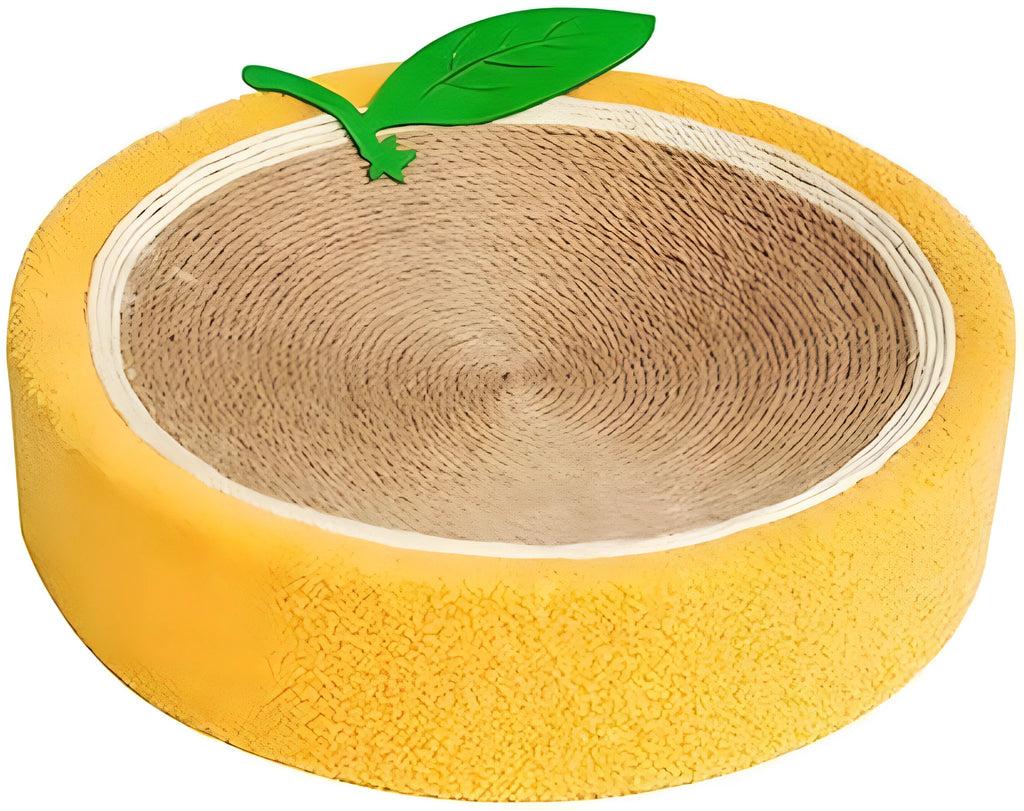 Round yellow sisal cat scratching board and bed with fruit design