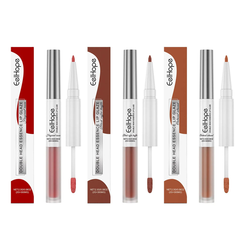 Double-headed lip liner and lacquer pen shown in three colour options: Fragrant Attack, Black Coffee Truffle, Oat Almond.