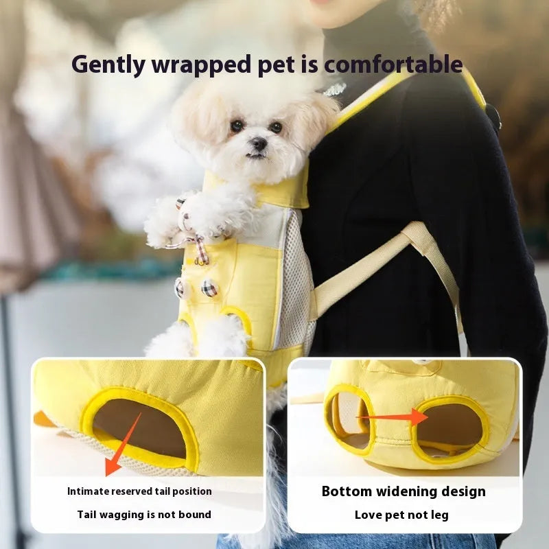 Cartoon animal pattern pet carrier chest bag in soft canvas with decorative ribbon and colourful stitching