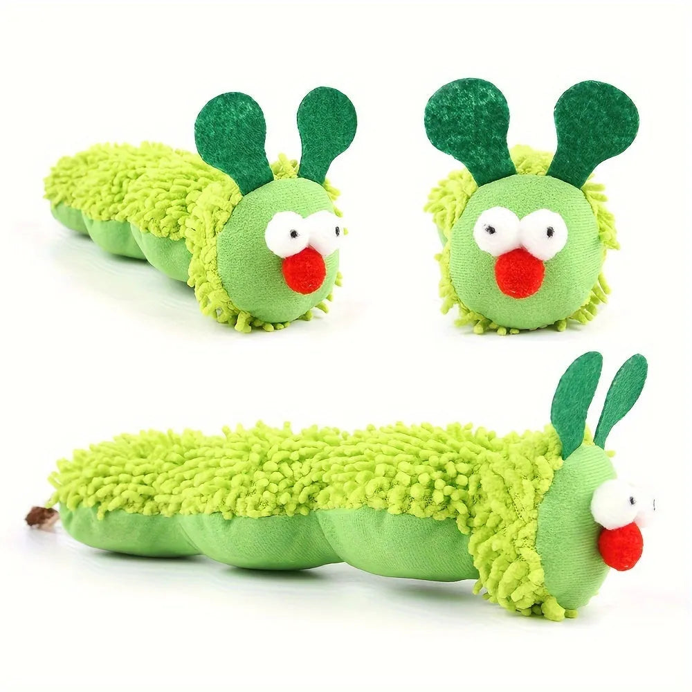 Green interactive plush cat toy pillow measuring 24cm long for battery-free feline play