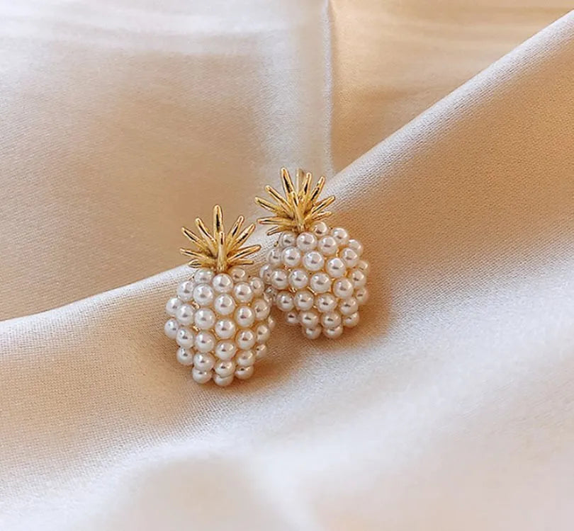 Korean style pineapple starfish pearl earrings with alloy electroplated finish and artificial gemstone inlays