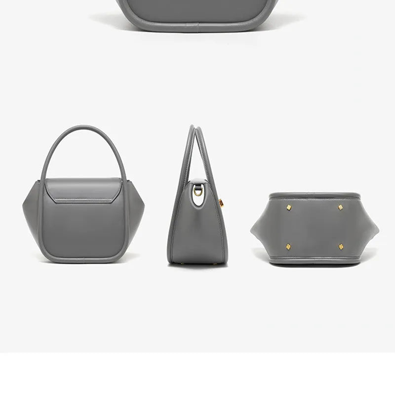 Brown leather wing-shaped tote bag with a buckle detail and latch closure, shown with a single cross-body strap.
