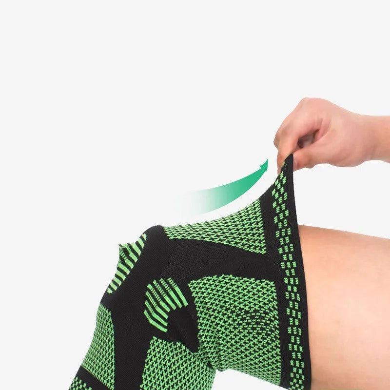 Silicone spring knee protection sleeve in blue, green, orange, or white, showing polyamide material and size fit guide.