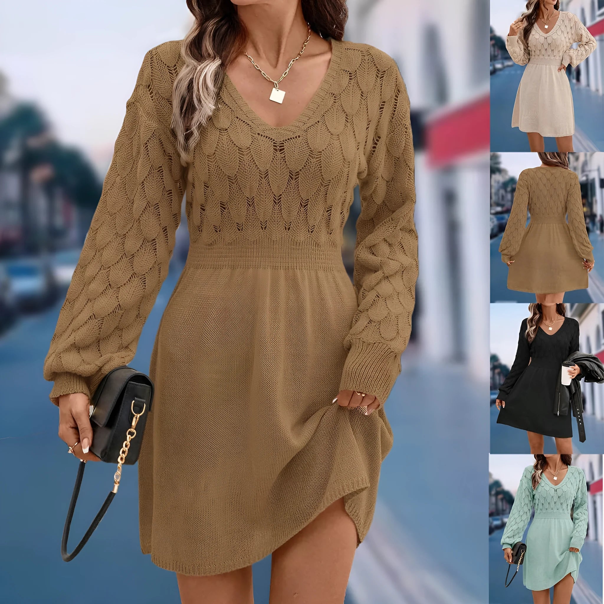 V-neck artistic retro beach dress with long sleeves and 3D pattern in acrylic fabric