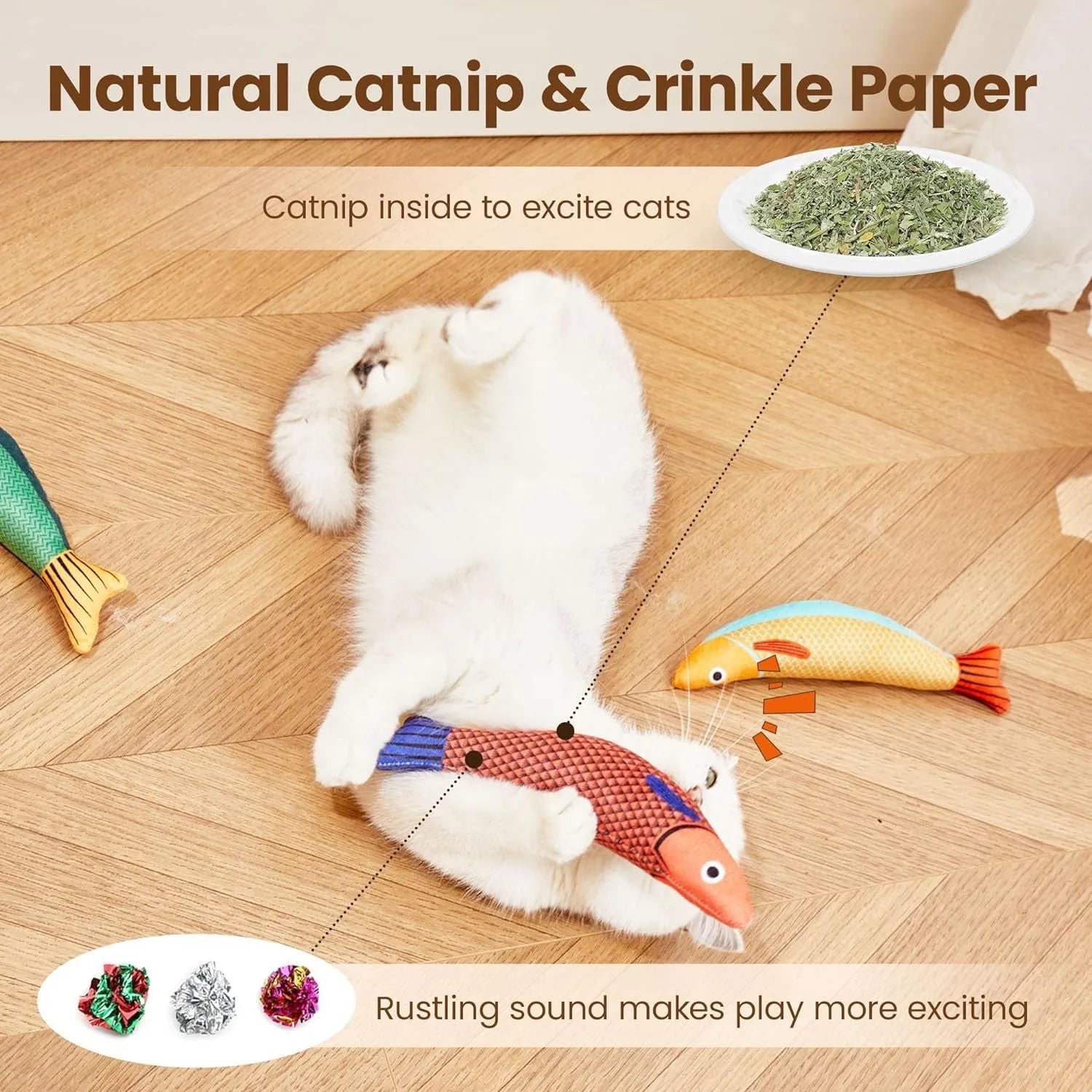 Soft green saury fish cat toy with organic catnip filler and crinkle sound