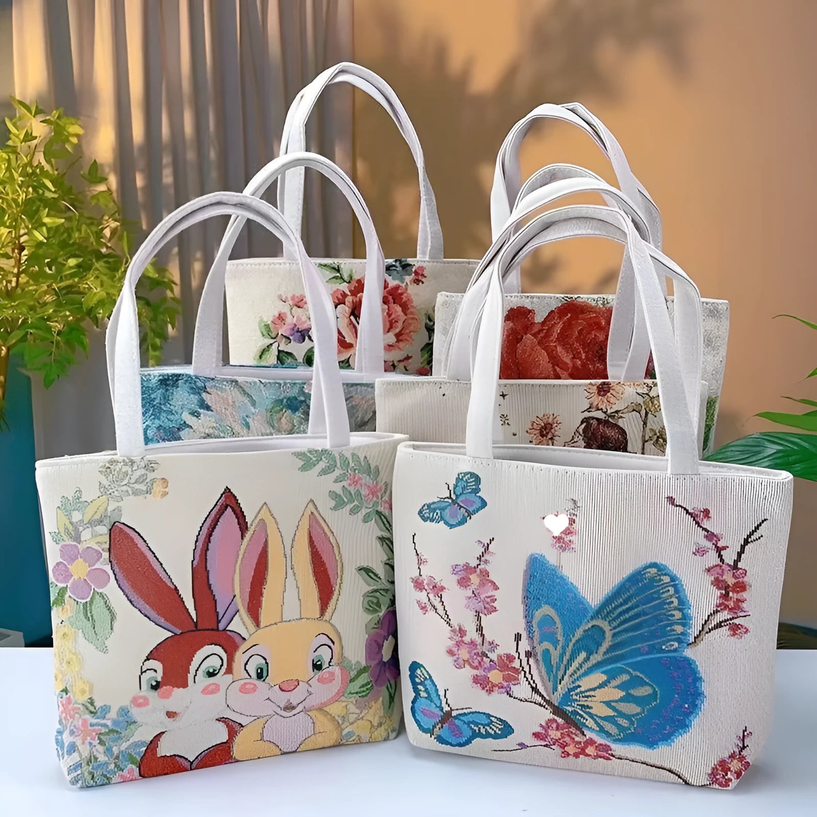 Double-sided gold wire embroidered canvas tote bag with polyester lining in medium size