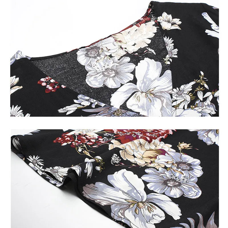 Women's floral print V-neck beach dress with elastic high waist in summer colours