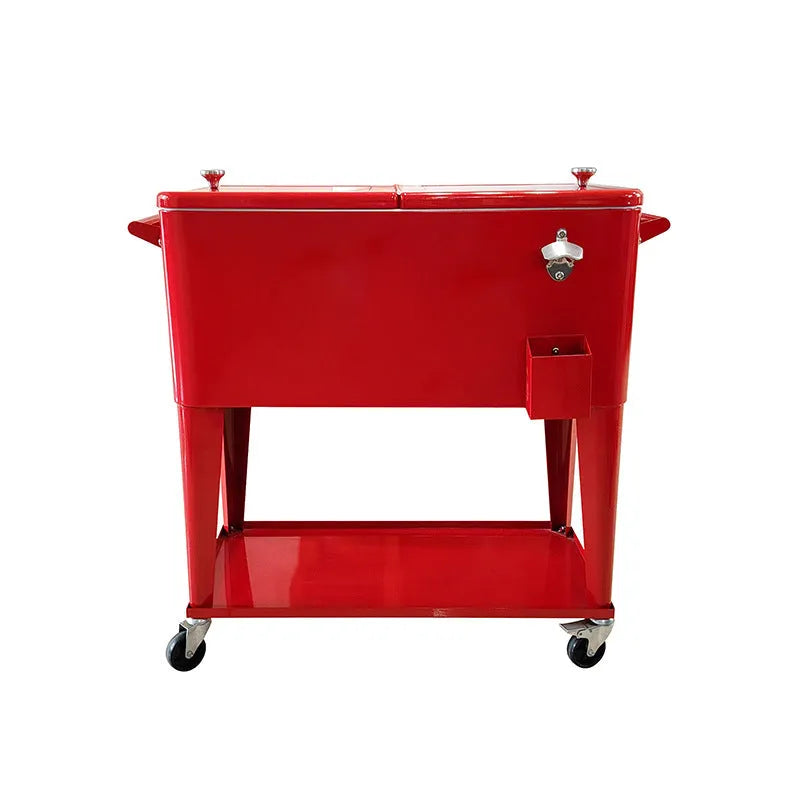 Red outdoor metal insulated trolley cooler with wheels for picnics, 750ml capacity.