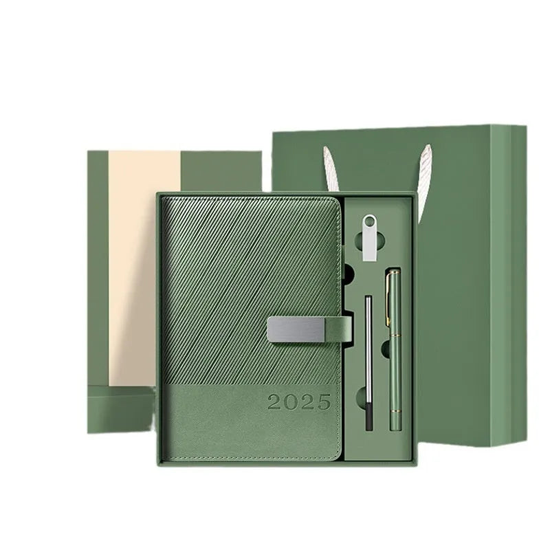 A5 PU leather notepad with striped cover showing bean green colour option next to open pages