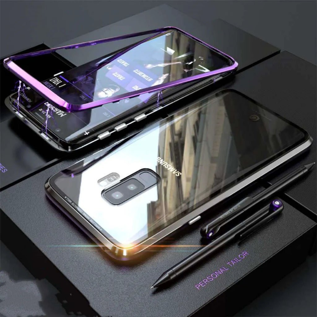 Magnetic anti-peeping phone case for Samsung Galaxy in clamshell design with double-sided glass construction