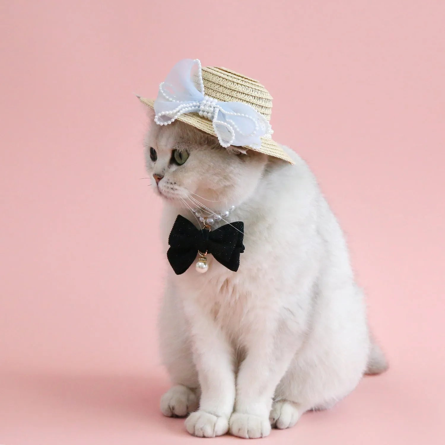Pink pearl bow woven straw hat for a cat, shown in size S (13cm) on a mannequin head.