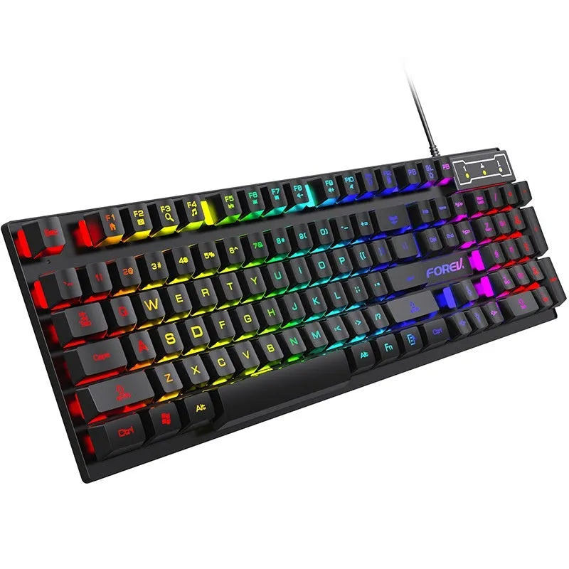 Black portable gaming keyboard with 104 keys and backlight alongside matching mouse
