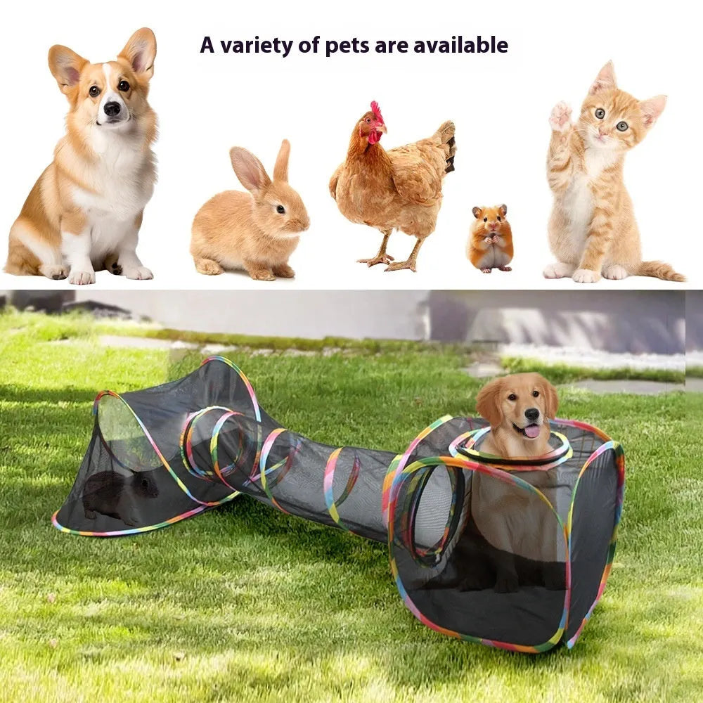 Foldable mesh cat play tunnel in multiple shapes including hexagonal, long straight, tee, tent and square designs